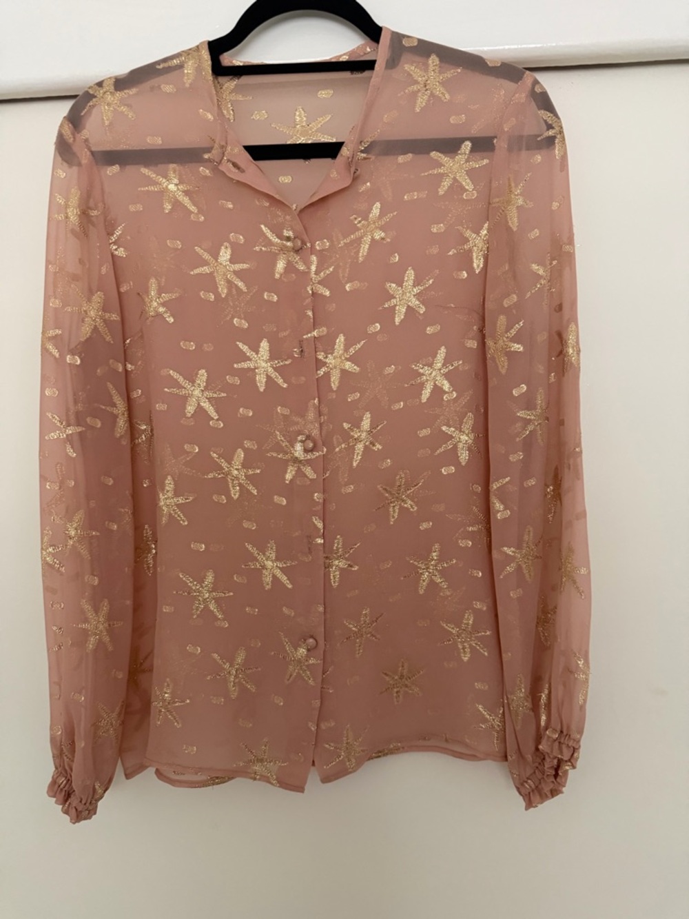 Sheer Pink Button-Down Blouse with Metallic Gold Star Motif - Valentino fabric